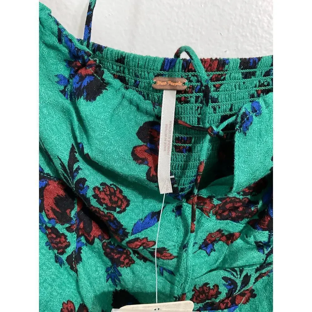 NWT Free People Crop Top Size Small Floral Blouse Puff Sleeve $98 Tie Back Green
